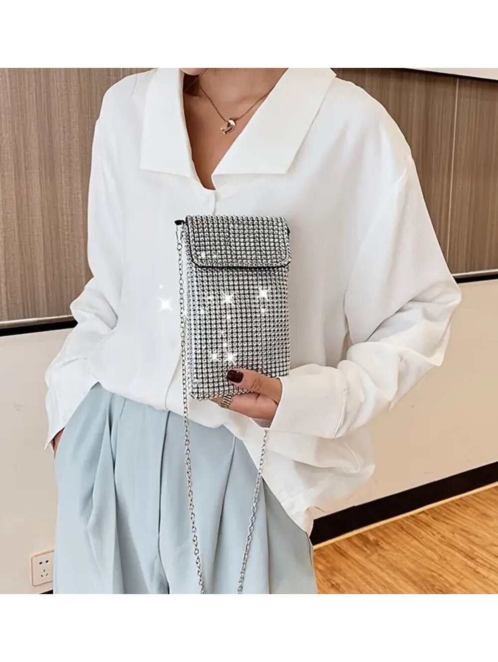 New - Super Cute & Stylish Rhinestone Embellished Crossbody/Phone Bag  - Silver